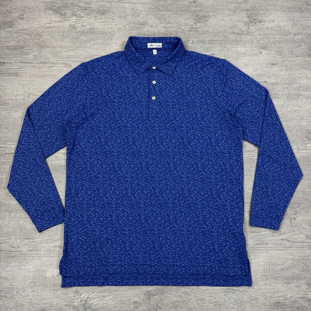 Peter Millar Performance Polo Shirt Mens L Lyons Micro Camo Blue Long Sleeve EUC